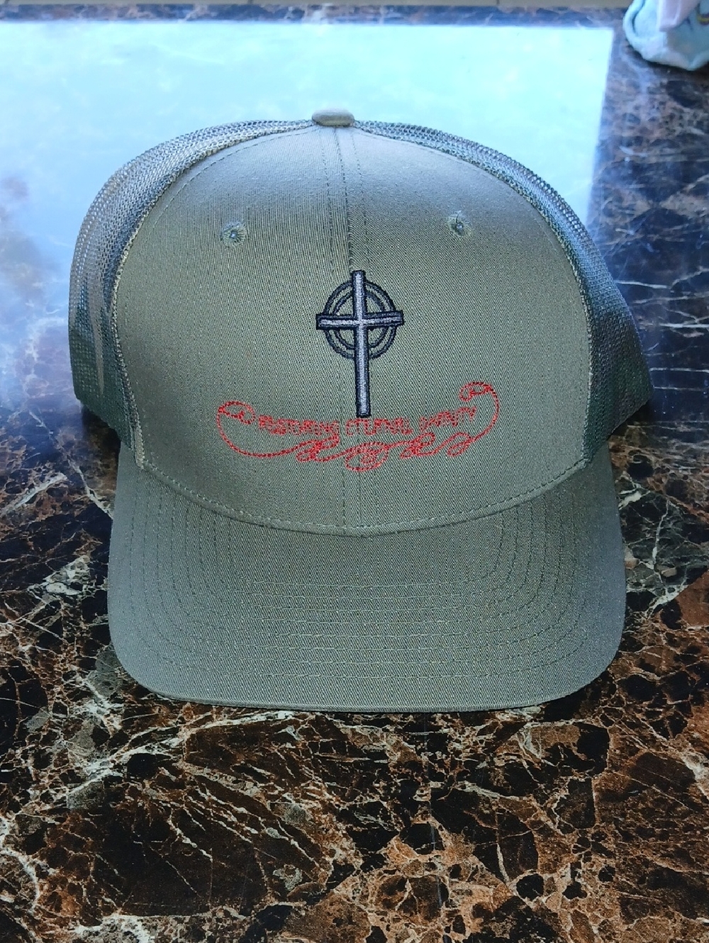Olive Green Trucker Hat with Cross Emblem